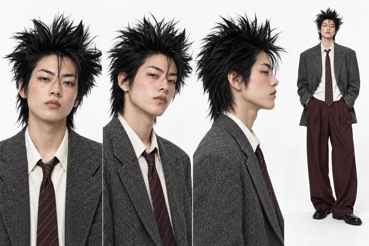 Original fictional punk character with black spiked hair and a grey tweed blazer