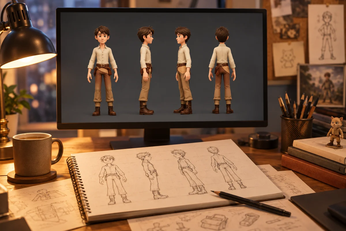 Stylized explorer turnaround references on an animation planning desk
