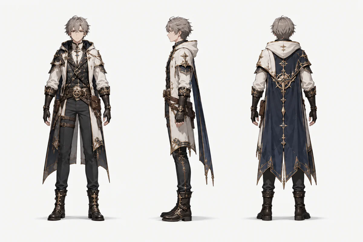Silver-haired fantasy character in front, side, and back reference views