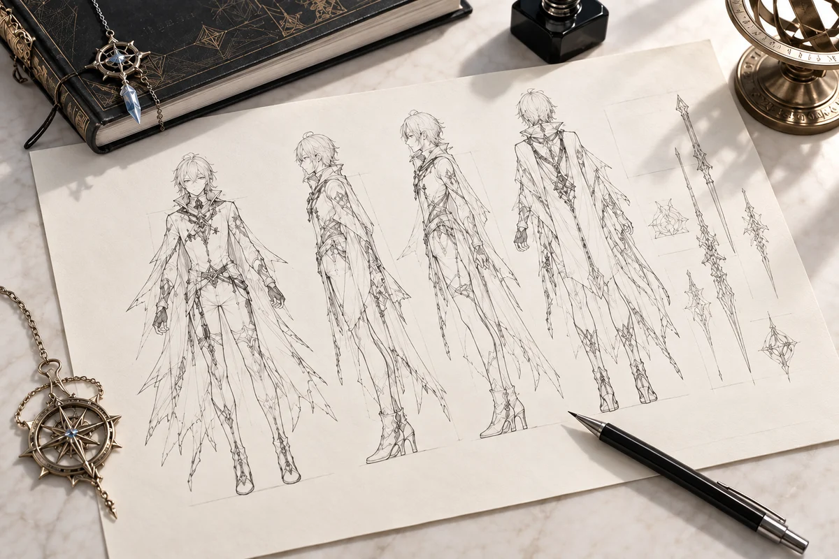 Character turnaround pencil sketches on an artist’s desk