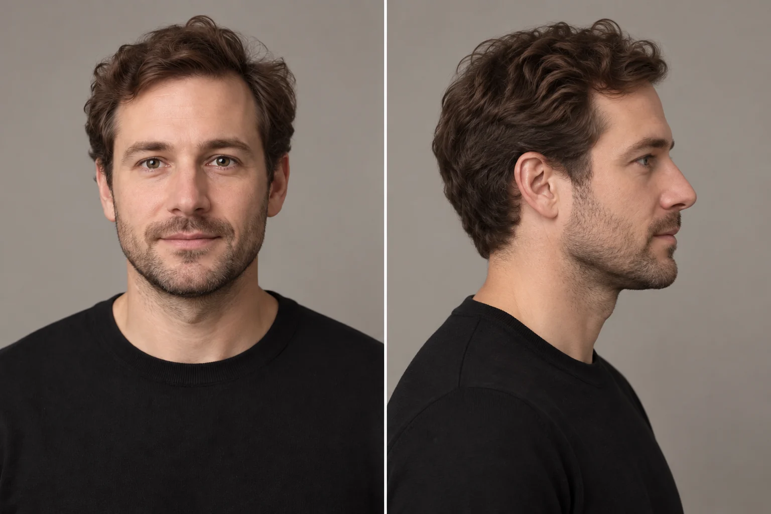 AI-generated comparison of the same man in front and side-profile views