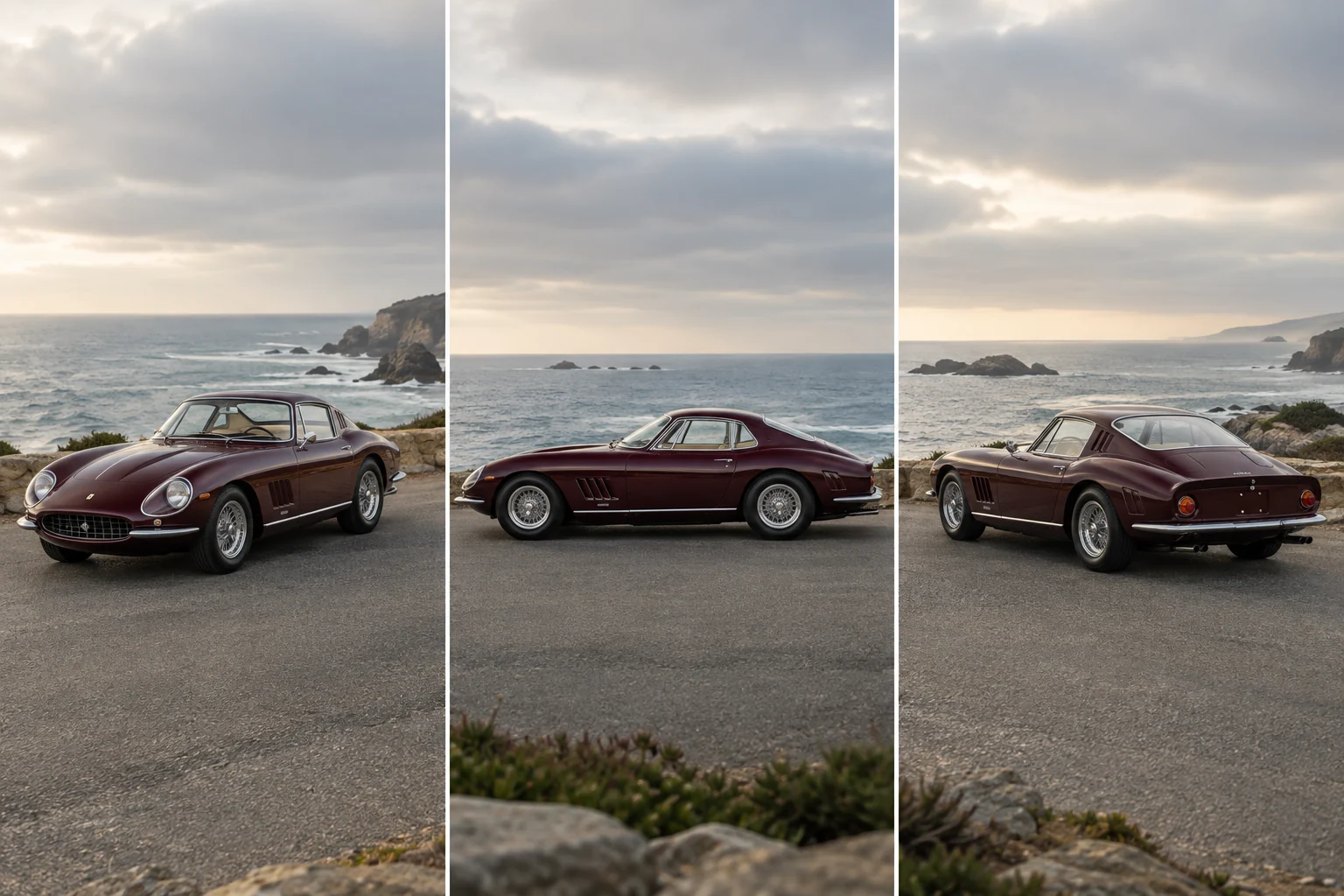 Three conceptual camera keyframes moving from the front to the rear of a burgundy sports coupe