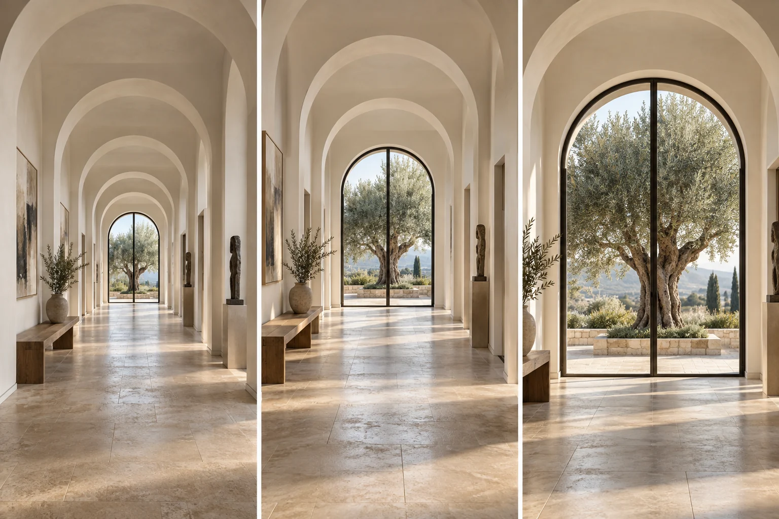 Three conceptual forward-dolly keyframes approaching the doorway of an arched gallery corridor
