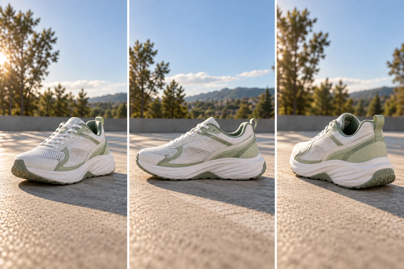Three conceptual keyframes showing front, side and rear camera positions around a running shoe
