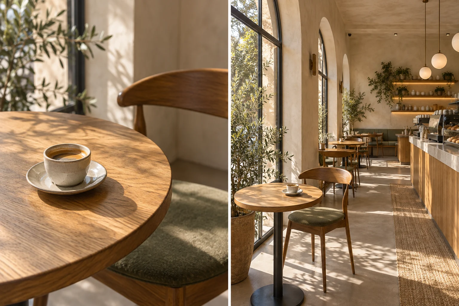 AI-generated close view of a coffee cup and wider view of the same cafe interior