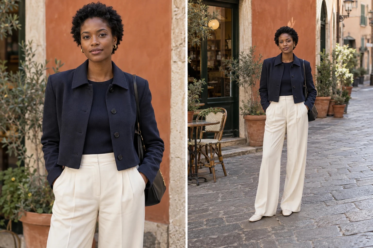 AI-generated close and wide street portraits of the same woman outside a cafe