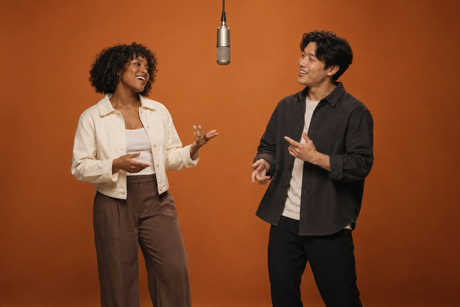 Two original performers sharing a hanging microphone in an orange recording booth