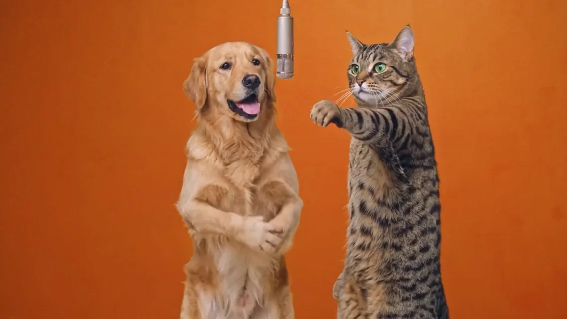 A dog and cat in a playful orange-booth Hotel Lobby reference scene