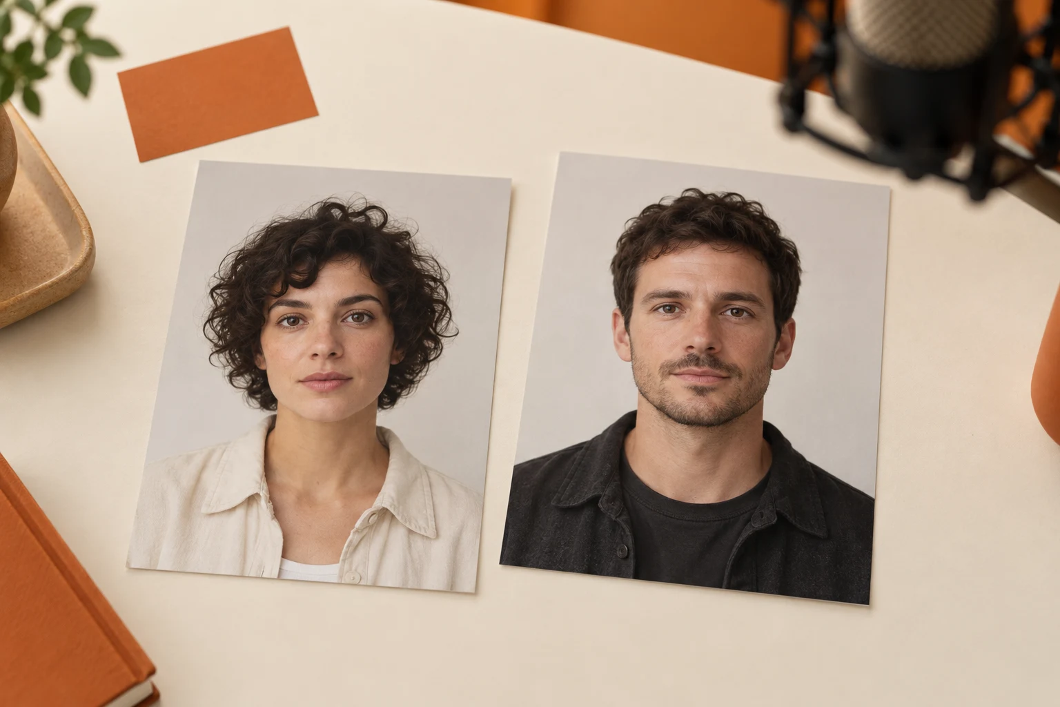 Two separate front-facing portrait prints prepared as Hotel Lobby AI photo references