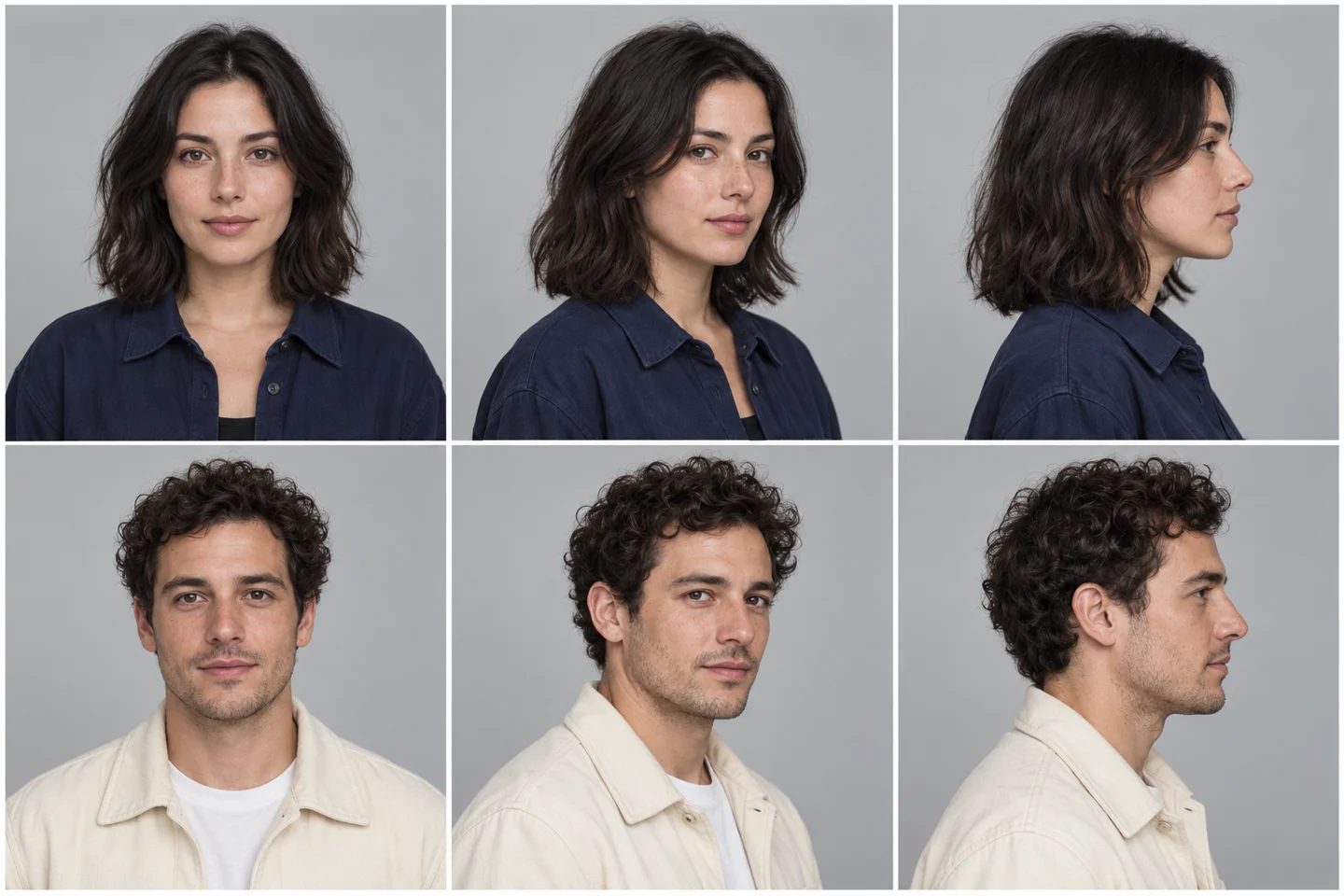 Two fictional performers shown from the front, three-quarter angle and profile in separate rows