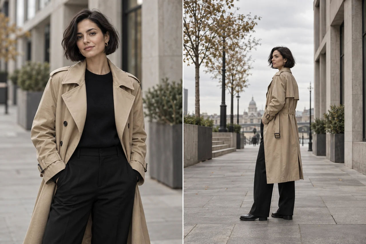 AI-generated cinematic street scene of a woman shown in two different compositions