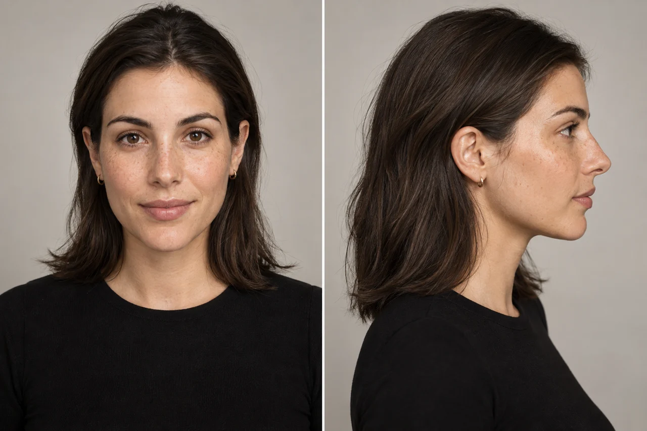 AI-generated photographic study of a woman shown from two camera angles
