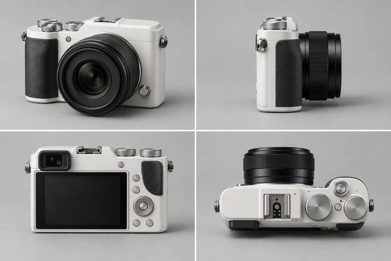 AI-generated cream-colored camera product study presented in four views
