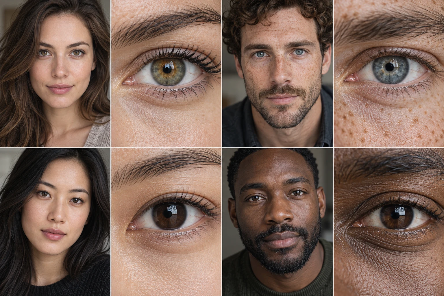 AI-generated framing illustration: Woman with hazel eyes shown as a portrait and matching eye close-up