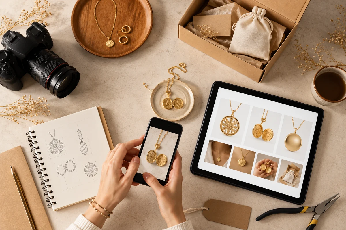 Gold locket product views reviewed on a tablet beside jewelry sketches
