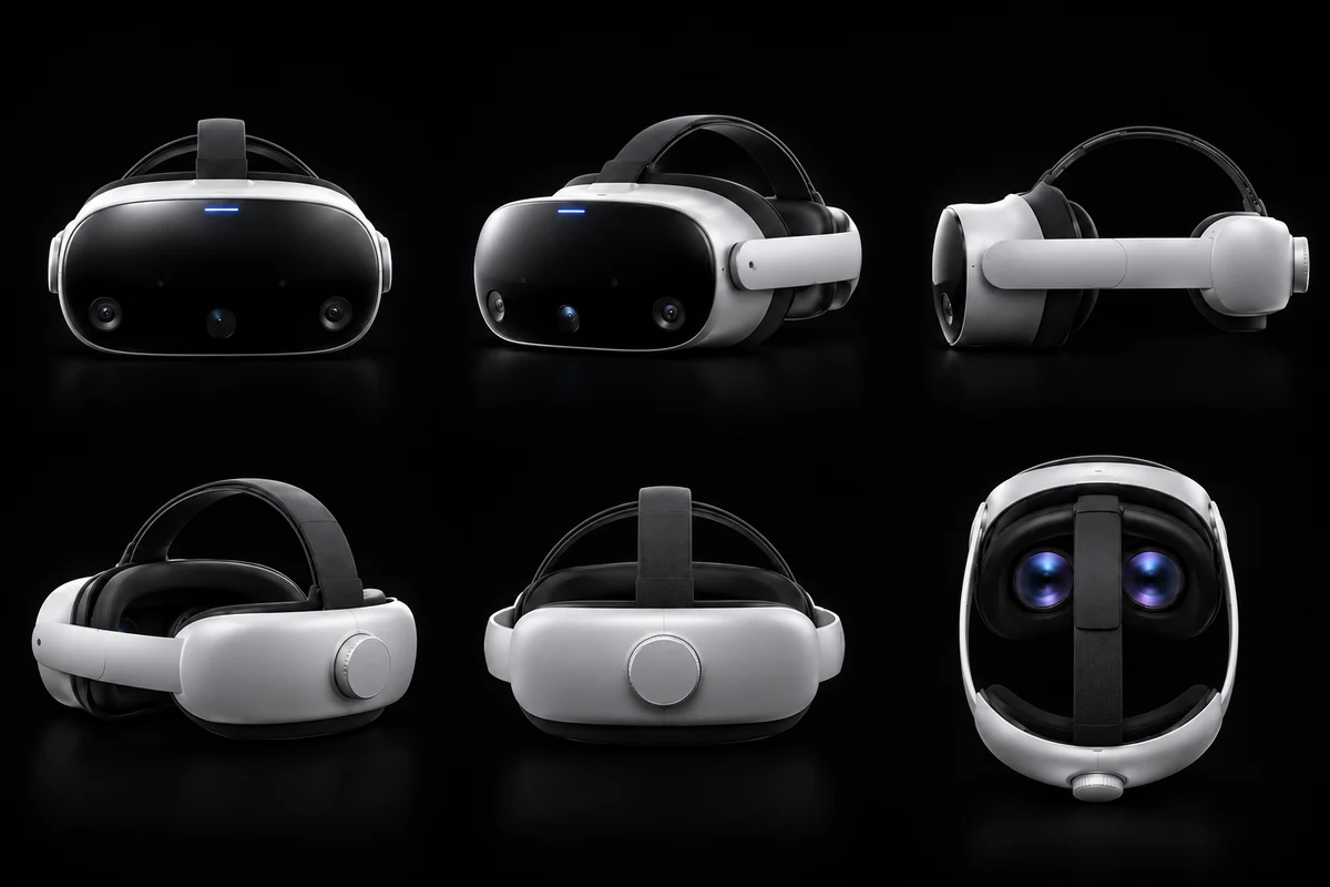 Black and white VR headset shown from six product angles