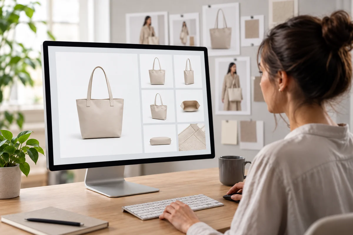 Designer reviewing multiple views of a cream tote bag on a monitor