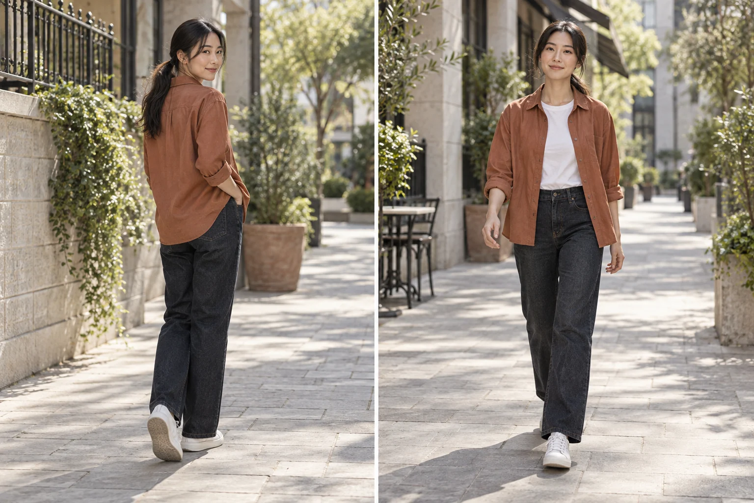 AI-generated lifestyle comparison showing a look-back pose and a walking stance
