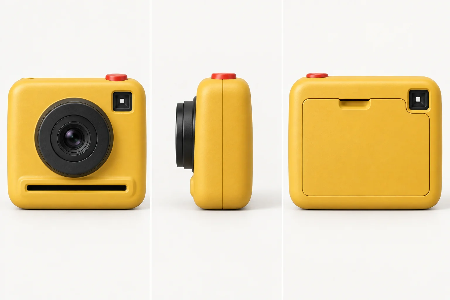 Illustrated yellow instant camera shown from front, side, and rear