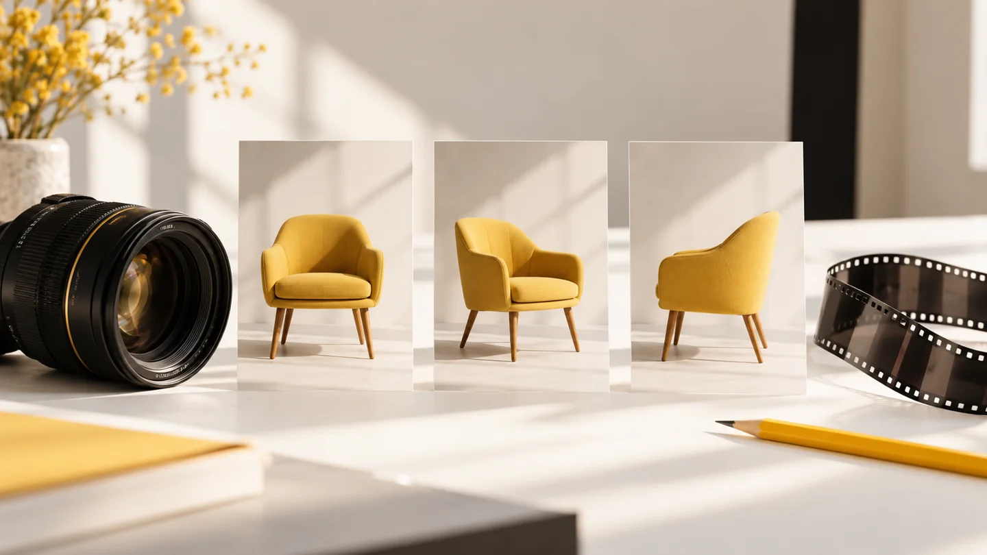 Camera lens, yellow-chair storyboard views and a film strip arranged on a white studio desk