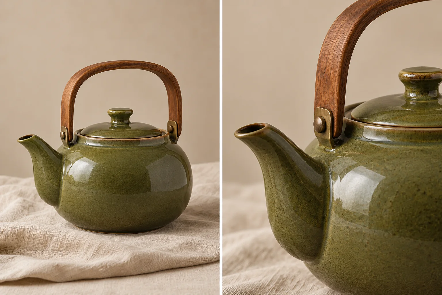 AI illustration of a green ceramic teapot in a wider product view and a tighter detail composition